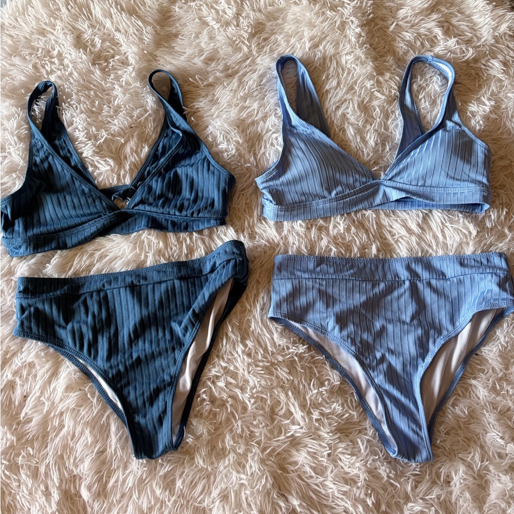SHEIN Ribbed Triangle Bikini Set in navy and Light Blue